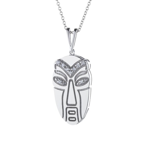 ciondolo maschera maori in oro bianco con diamanti